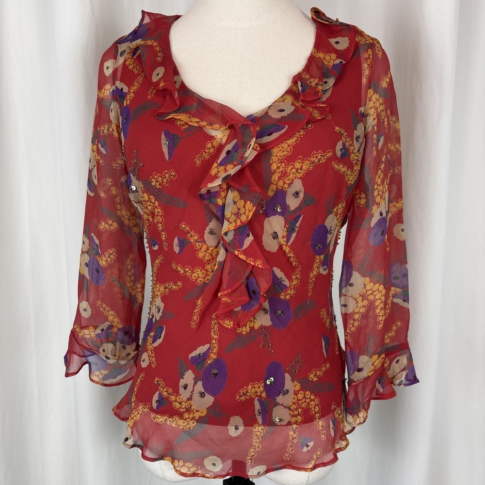 Vintage iCE Y2K 100% Silk Beaded Floral Ruffle Top M Red Fairycore Whimsigoth